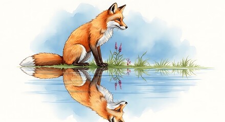 Fox Gazing at Reflection in Water - A Moment of Stillness.