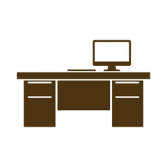 Brown silhouette of a desk with a computer monitor and keyboard vector