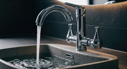 Chrome faucet streams water into a filled, textured sink, against a dark background