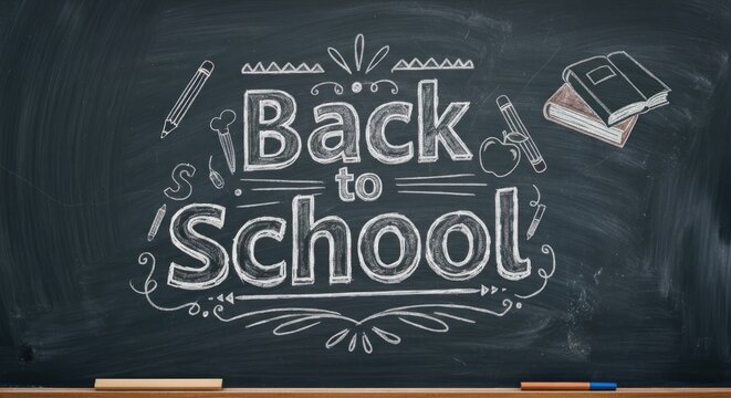Chalkboard design with "Back to School" text and doodles of pencils, books, and an apple