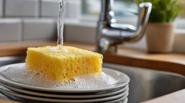 Yellow sponge with foam on plates under running water.