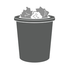 Dark gray trash can filled with crumpled paper on white background waste garbage