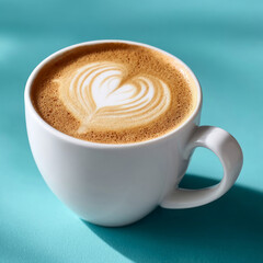 Coffee with heart-shaped latte art on blue background.