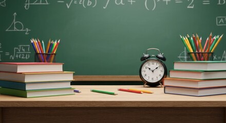 Classroom scene Books, pencils, clock, and math equations on a blackboard, ready for learning