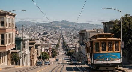 Classic cityscape view from a steep hill with a cable car, overlooking a bustling city and distant hills