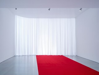 Modern white studio with seamless backdrop and reflective floor featuring red carpet stage. Perfect for fashion shows, photo shoots, exhibitions, and professional event presentations.