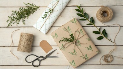 Wrapped Gift :An overhead shot captures a still-life of gifts carefully wrapped in elegant paper, adorned with twine and sprigs of greenery.