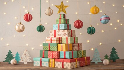 Festive Presents: a handcrafted Christmas tree made of gifts, decorated with star and ornaments. creating a season's greeting of joy and wonder. 