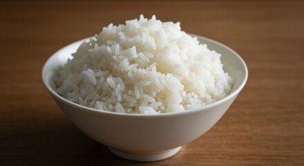 Close-up of fluffy, white, cooked grains in a white bowl, set on a wooden surface