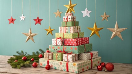 Festive Christmas Tree:  A creatively stacked Christmas tree made of decorated gift boxes. This eye-catching display is adorned with ornaments and stars, setting a joyful atmosphere. 