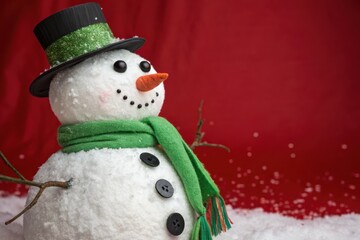 Smiling Snowman: A cheerful snowman, adorned with a top hat and vibrant green scarf, stands in a festive winter wonderland, celebrating the joyful season.
