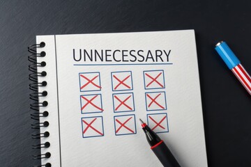 Unnecessary Checklist: a notebook with the word unnecessary on it. Several boxes are crossed off in red. A pen lies next to the notebook