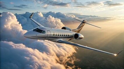 Skybound Ascent: A luxurious aircraft soars majestically through the clouds, bathed in the golden hues of the setting sun, embodying freedom, aspiration, and the boundless possibilities of travel.