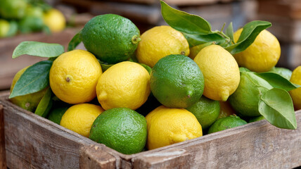 A wooden crate filled with fresh lemons and limes.