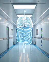 Anatomical Insight: An ethereal depiction of the human anatomy, superimposed upon a clinical corridor, highlighting the body's internal systems.