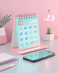Planning Ahead: A calendar and smartphone lie on a desk. The calendar, adorned with checkmarks. A scene of organization, and efficiency. The desk decorated with modern accents.