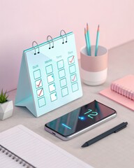 Planning and Progress: A modern workspace with a calendar and mobile phone, capturing productivity.