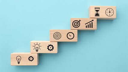 Steps to Success: An innovative concept of ascending wooden blocks showcasing the journey towards achievement, innovation, goals, and targets. This is a visual representation of progress, vision.