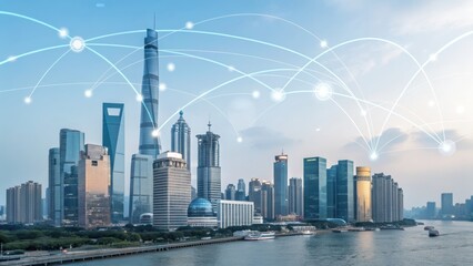Skyline in Connectivity: A vibrant cityscape, symbolizing interconnectedness with glowing network lines above the skyscrapers, reflecting a vision of technological advancements and future innovation.