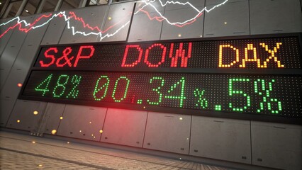 Stock Market Performance Display: The image presents a close-up of a digital stock ticker displaying real-time financial market data, conveying the dynamic nature of global finance. 