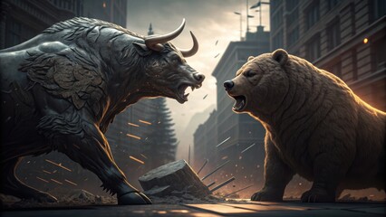 Market Showdown: A fierce bull and bear face off in an intense showdown, symbolizing the dynamic and competitive forces of the financial markets. Against a backdrop of a city street. 