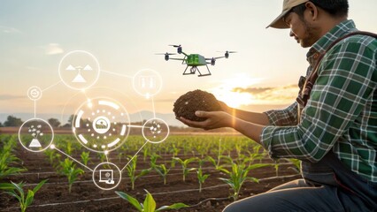 Smart Farming Innovation: A farmer in the field examines the soil, while a drone hovers above, showcasing the integration of technology and agriculture for enhanced farming practices.