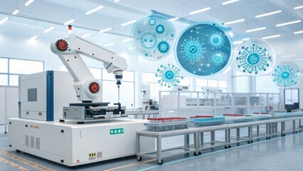 Robotic precision: an automated production facility with a robotic arm performing intricate tasks, with augmented elements of a virus for conceptual understanding.