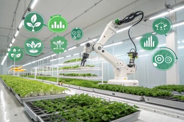 Modern Agriculture Innovation: A high-tech agricultural setting, showing a robotic arm tending to rows of vibrant plants, with digital icons overlaying the scene.