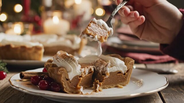 Warm Pumpkin Pie Slice Served - A slice of pumpkin pie topped with whipped cream is being served with a fork.