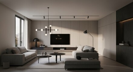 Contemporary living space features neutral tones, modern furniture, and a sleek lighting design