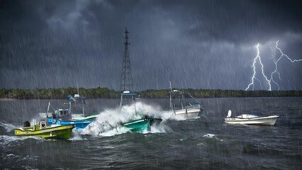 Boats amidst a storm with lightning strikes and heavy rain creating a turbulent sea environment