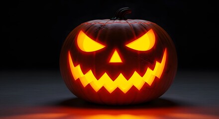 An eerie jack-o-lantern glows with sinister glee, casting long shadows in the dark, cold night air.