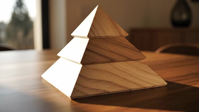 Stacked Wooden Pyramids on Table - A close-up shot shows a decorative stack of three wooden pyramids arranged to form a tree shape sitting on a wooden table.
