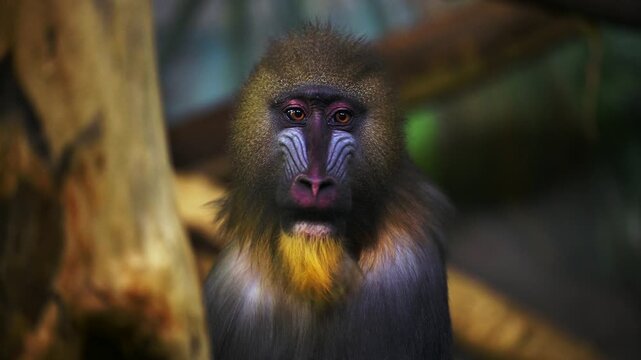 A majestic mandrill with vibrant blue and red facial markings gazes thoughtfully, its golden beard contrasting against dark fur in a naturalistic enclosure