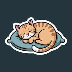A cartoon cat sleeping peacefully on a blue pillow with a dark background in a sticker style