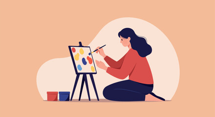 Creative artist focused on painting vibrant abstract shapes on canvas,  finding inspiration and expressing artistic vision in a calm,  serene studio setting., Adobe Illustrator Artwork