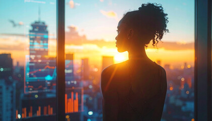 Obraz premium Urban Contemplation: Silhouette of a woman standing near a large window, looking out over a cityscape at sunset, with a sense of wonder and possibility. 