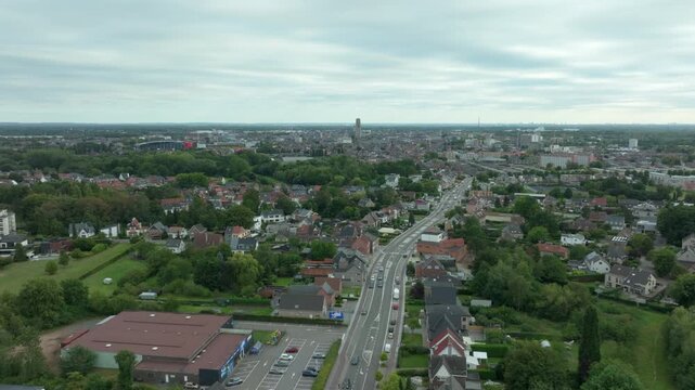 Aerial Panorama of Mechelen City and Surrounding Area on a Cloudy Day