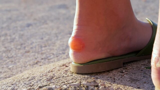 Female's Foot in Open Sandal with Huge Fluid Filled Blister on Heel CU
