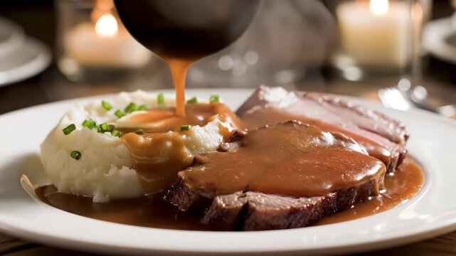 Juicy steak with creamy mashed potatoes and rich brown gravy