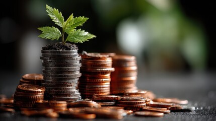 Plant Growing on Stack of Coins, Financial Growth and Investment Concept