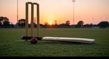 Cricket scene at dusk featuring a bat, ball, and wickets on a green field with sunset