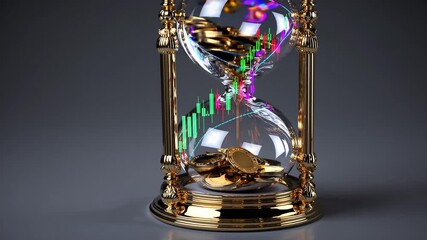 A luxurious golden hourglass filled with coins and glowing candlestick charts represents the flow of time and money. This symbolic scene illustrates finance, investments, and the volatility of markets - Powered by Adobe