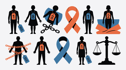 Illustrated Depiction of Human Trafficking Silhouetted Figures with Chains, Price Tags, Awareness Ribbons, and Balance Scales