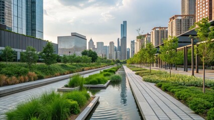 Fototapeta premium climate change and water security Urban landscape featuring a modern waterway flanked by greenery and skyscrapers in the background.