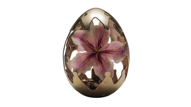 A metallic egg shell with a floral pattern inside - Powered by Adobe