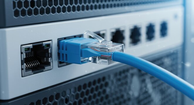 Modern server room connection with blue ethernet cable plugged into network port - Powered by Adobe