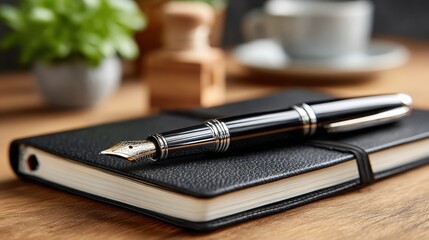 Elegant Fountain Pen Resting on a Black Leather Notebook on Wooden Desk