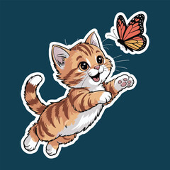 A cartoon cat with orange and brown stripes reaching for a butterfly on a blue background