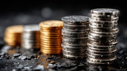 Stacks of Gold and Silver Coins on Dark Textured Surface, Financial Growth